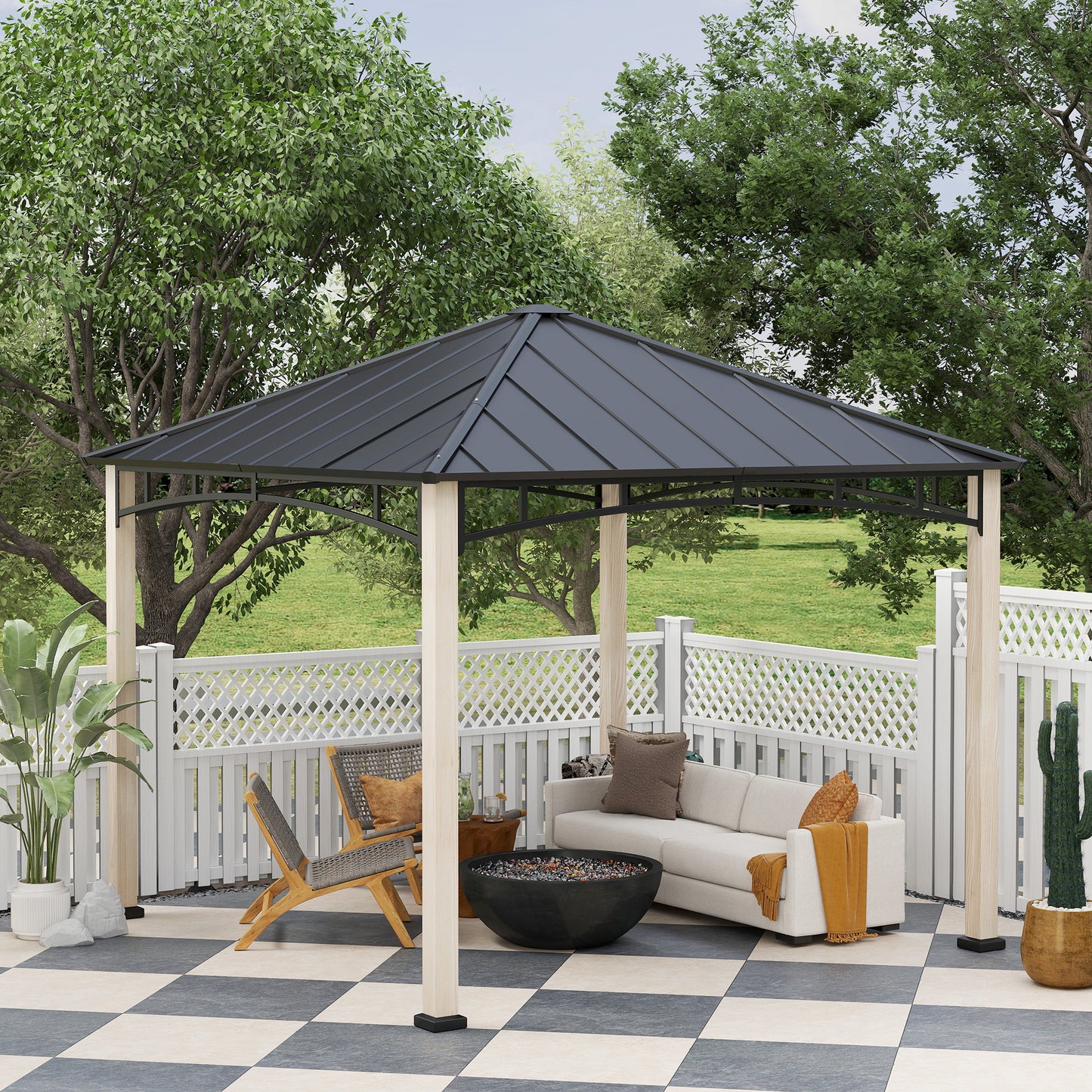 3 x 3(m) Hardtop Gazebo Canopy with Galvanised Metal Roof, Garden Gazebo Permanent Pavilion with Wood Grain Strong Columns