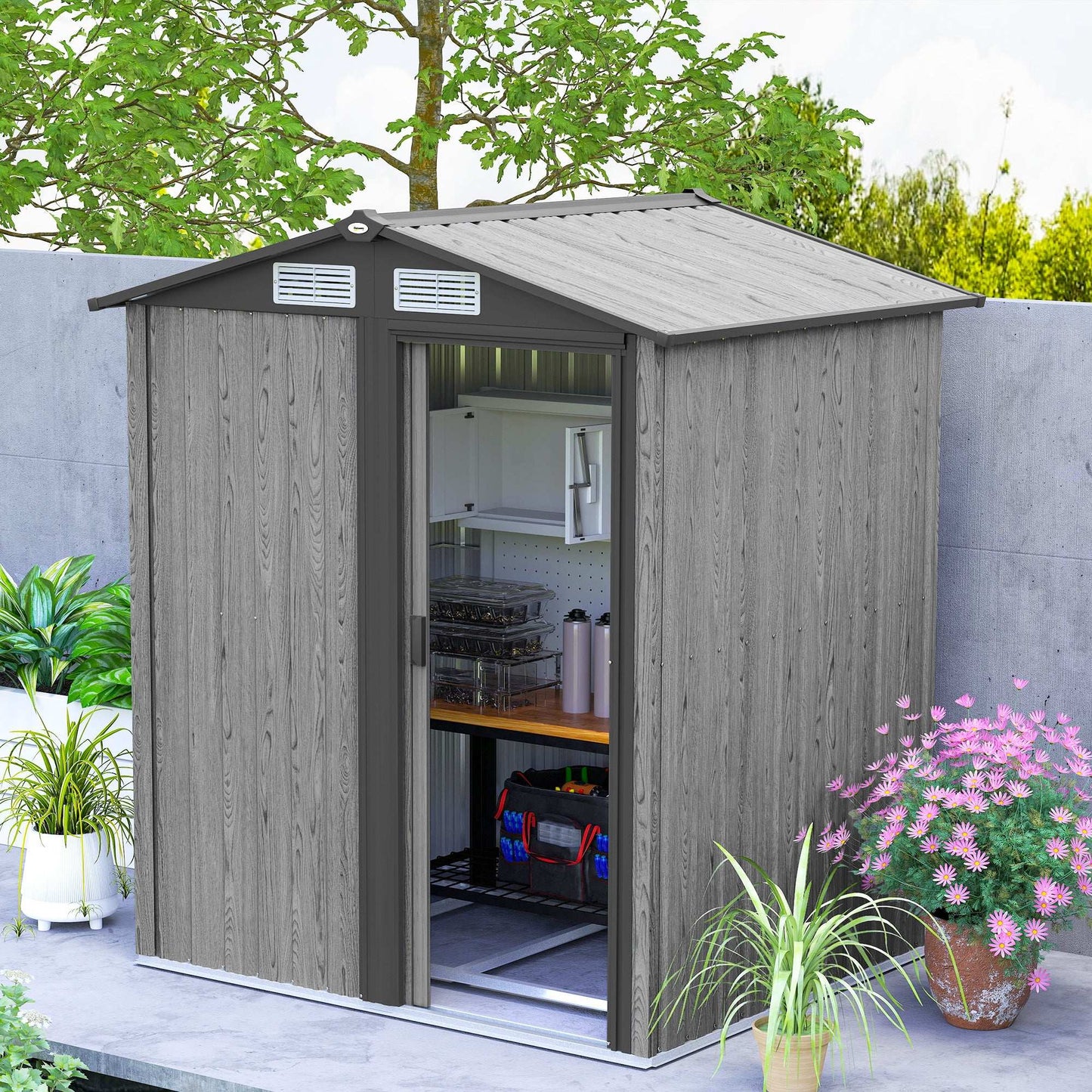 Outsunny 5ft x 4.3ft Outdoor Garden Storage Shed - Grey Wood Effect
