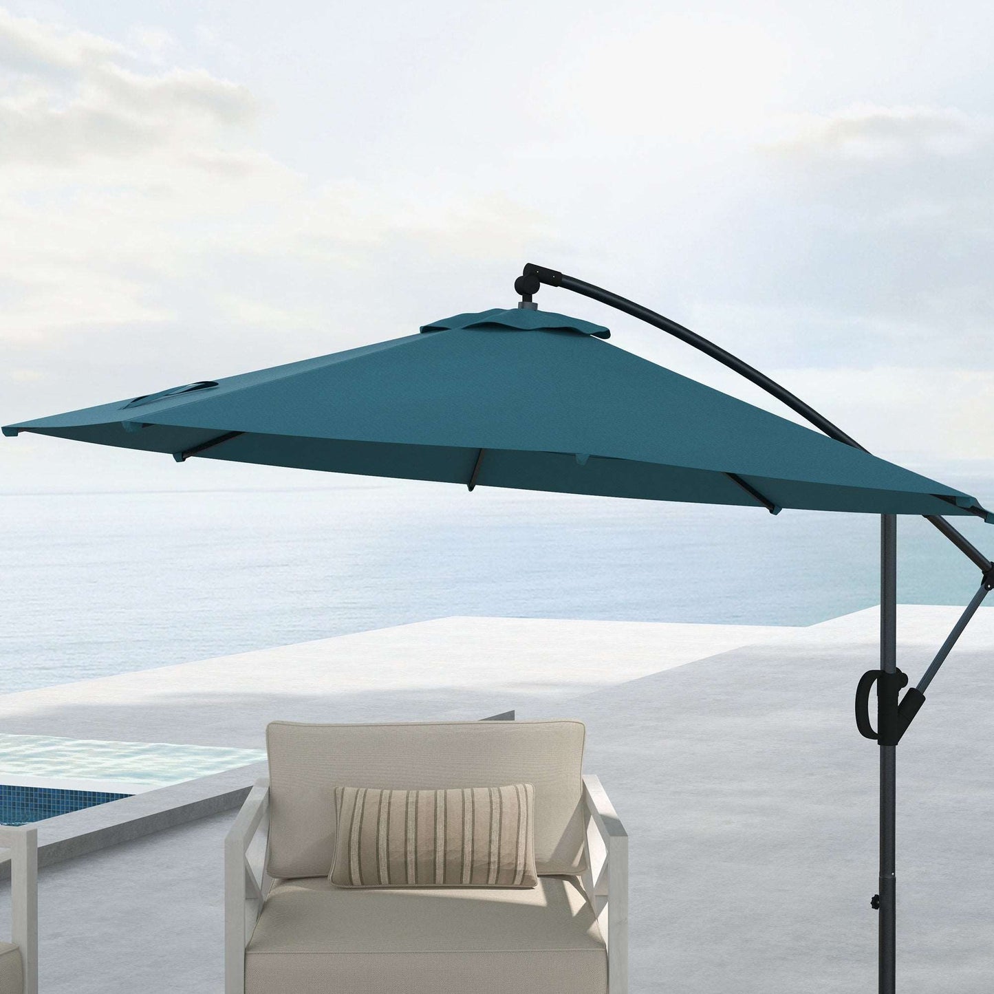 3 Metre Cantilever Banana Parasol / Cross Base / Crank Handle, Tilt And 8 Ribs, Round Hanging Patio Umbrella For Pool Garden Balcony - Blue