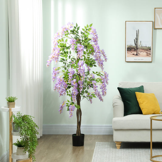 Artificial Wisteria Flower, Tall Fake Plant with 756 Leaves and 54 Flowers in Pot, Decorative Artificial Plant for Home Indoor Decor, 180 cm, Purple