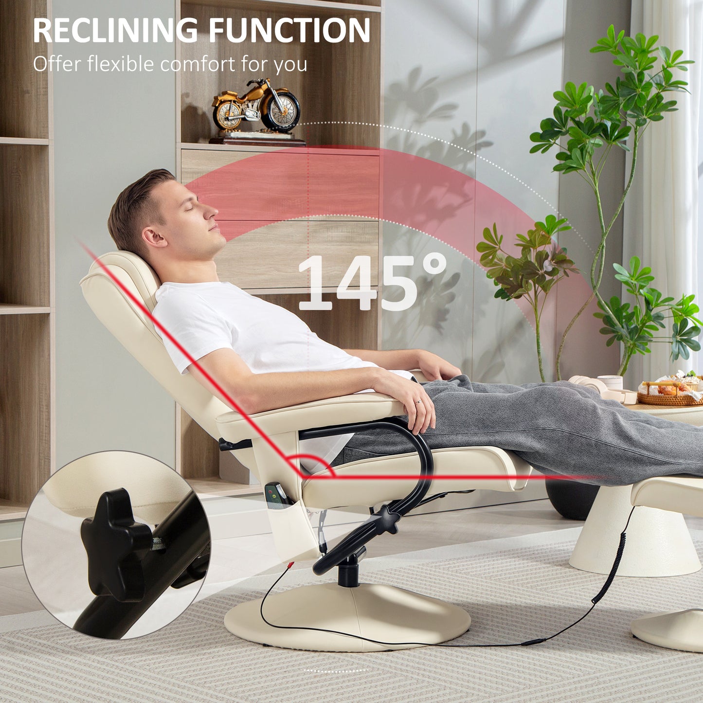 Swivel Recliner Chair and Footstool, Faux Leather Massage Recliner Armchair with Remote Control and Round Wrapped Base, Cream White