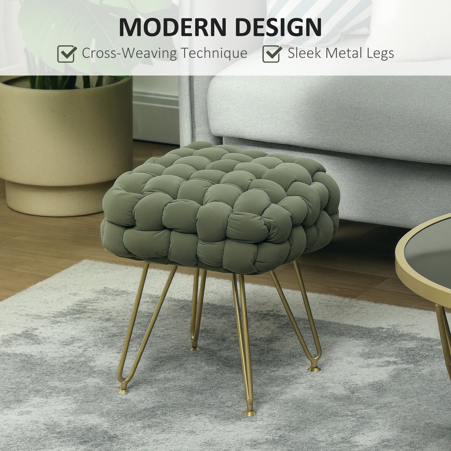 Velvet-Feel Bold Woven Footstool - Green