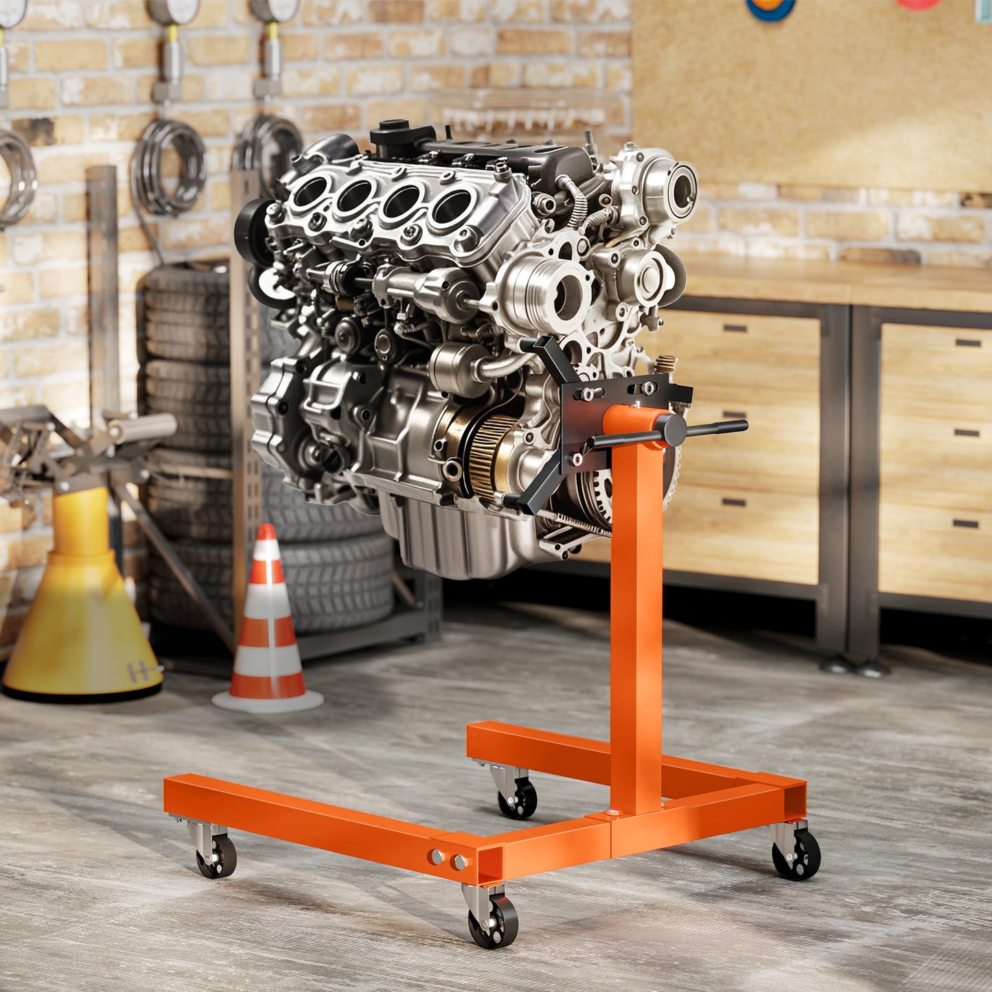 Engine Stand, 570 kg Rotating Engine Stand W/ 360 Degree Adjustable Head, 4 Mounting Arms, Heavy Duty, Universal Wheels for Garage Workshop Auto Repair