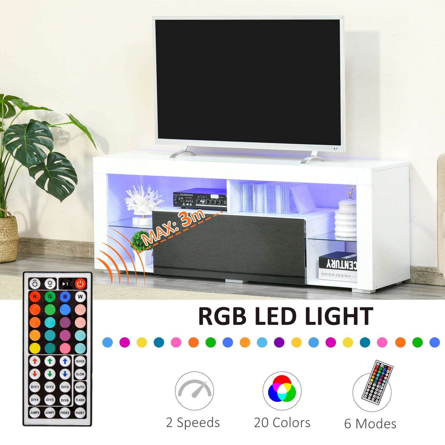 140cm TV Stand Cabinet High Gloss Media TV Stand Unit with LED RGB Light and Storage Shelf for 55 inch TV Black and White