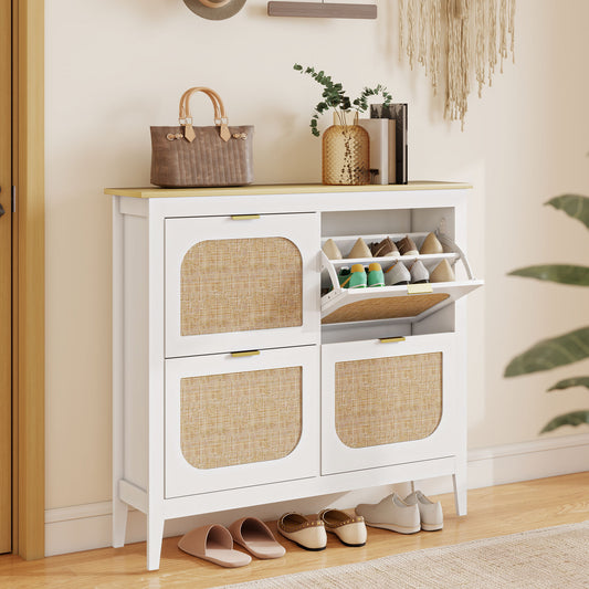 Slim Boho Shoe Cabinet | 4 Flip Drawers | Rattan Doors | Oak-Effect Top | 20 Pairs Up to UK Size 7 | Anti-Tip | 105x24x95.5cm | 50kg | White