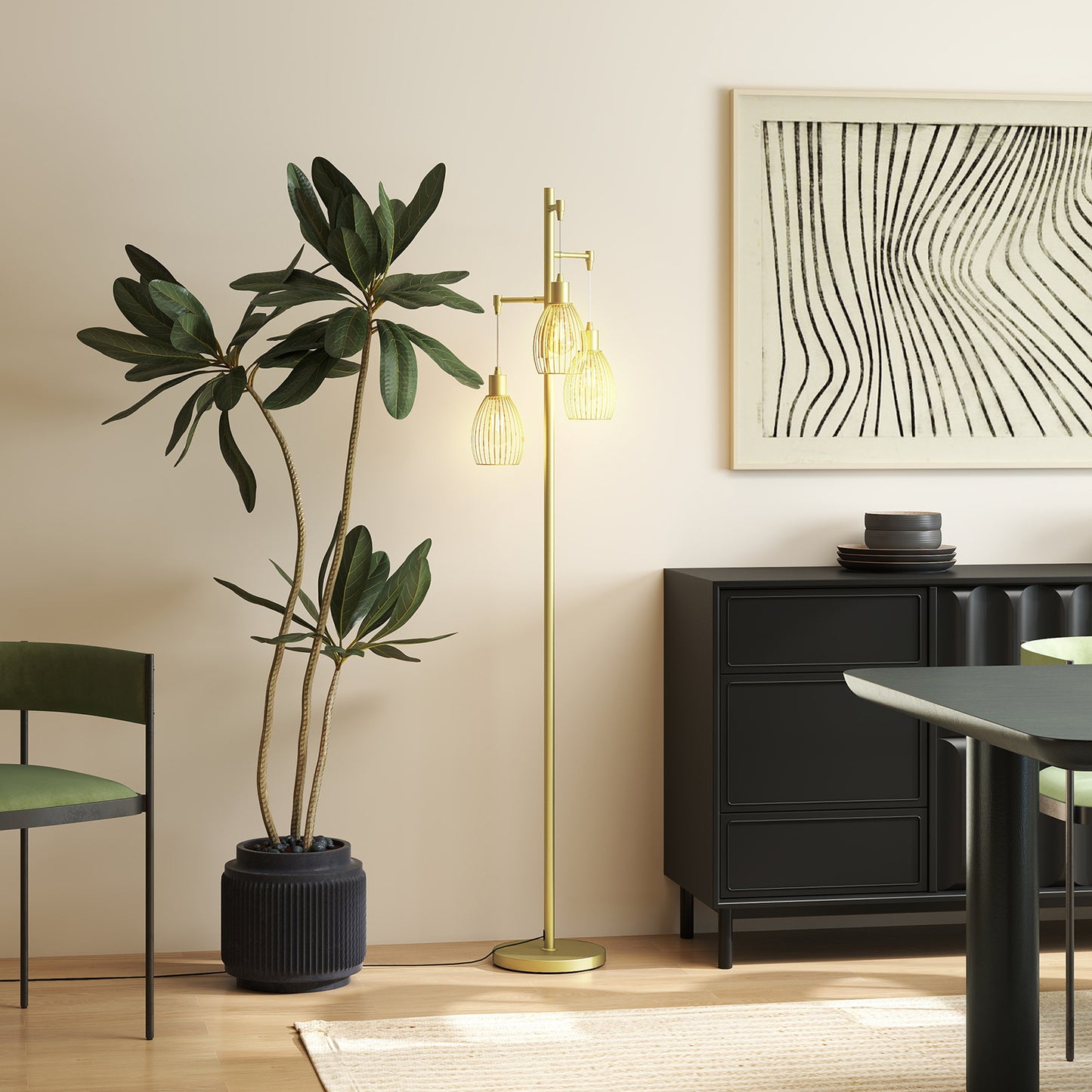 70cm Industrial 3-Light Floor Lamp, Dimmable Standing Lamp with Steel Lampshades for Living Room, Bedroom, Dinging Room, Study, Gold Tone
