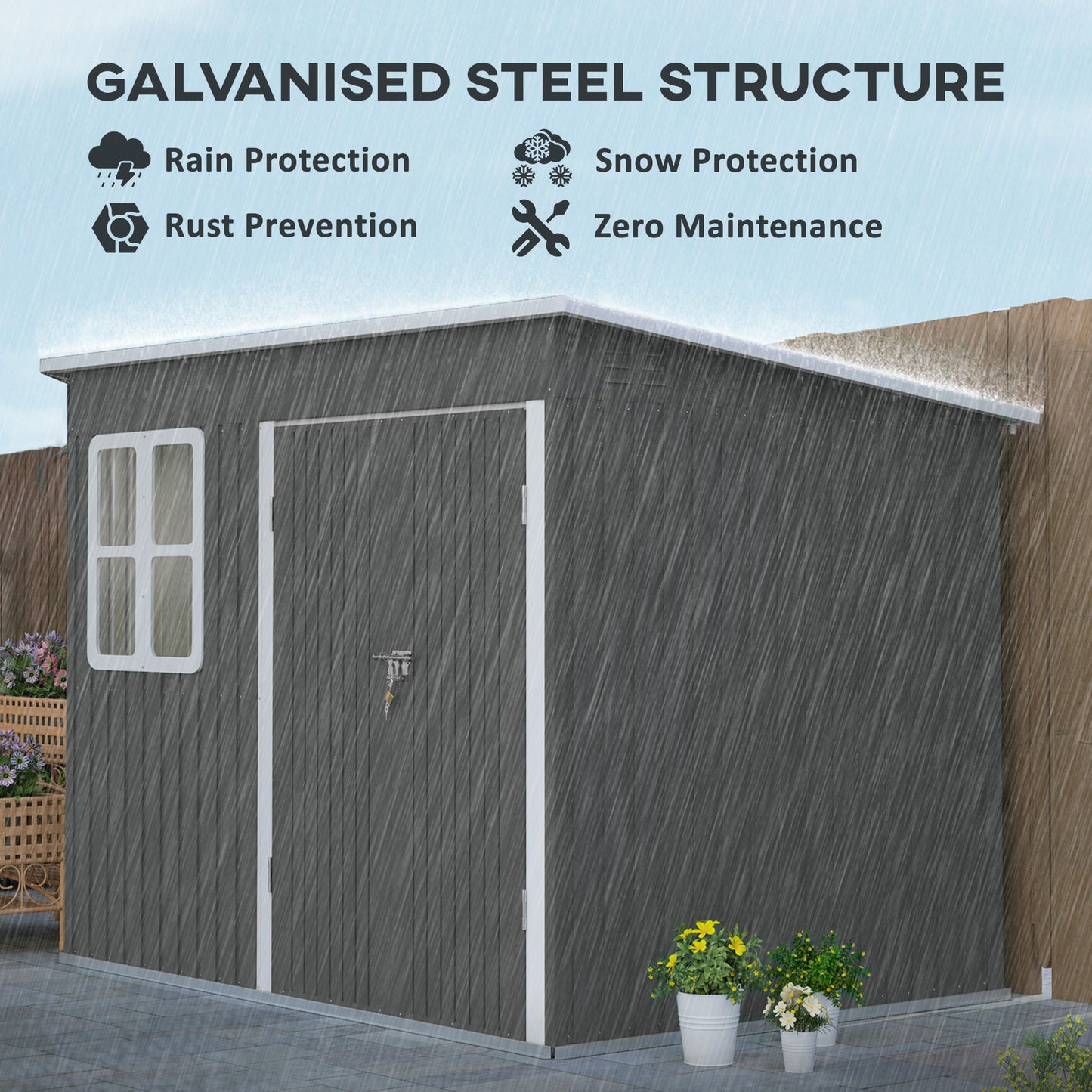 8.5 x 6ft Storage Shed Galvanised Steel Garden Shed, Metal Shed with Foundation Kit, Window, Lockable Wide Doors and Air Vents, Dark Grey