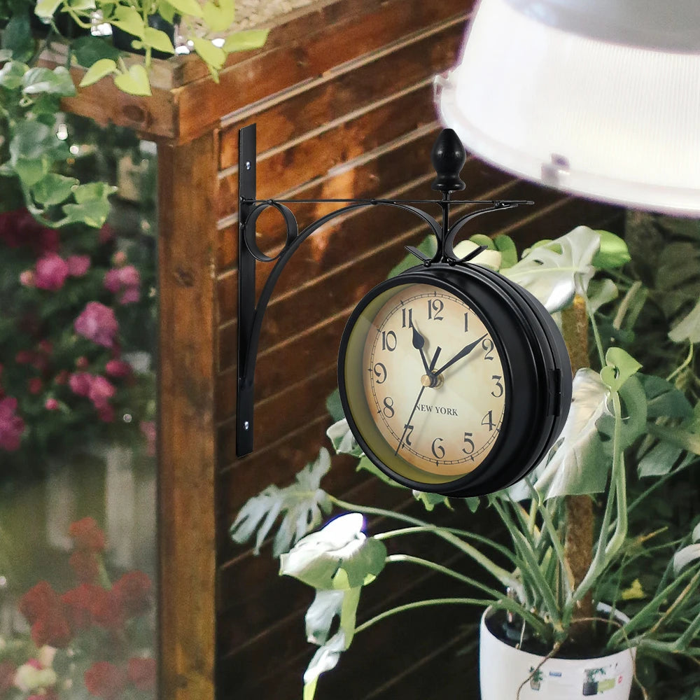 Wall Clock Retro Vintage Style Double-Sided Station Battery Operated Silent Clock, Wall Mounted For Home, Office, Antique Classic Effect Wall Clock