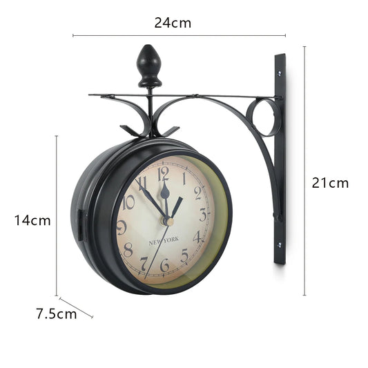 Wall Clock Retro Vintage Style Double-Sided Station Battery Operated Silent Clock, Wall Mounted For Home, Office, Antique Classic Effect Wall Clock