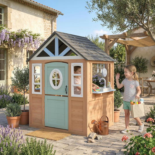 Wooden Wendy House with Play Kitchen & Pet Door | Half Door & Windows | Fir Wood | Low-Odour Paint | Indoor & Outdoor | Ages 2+ | 115.5x97.3x140cm | Natural Wood
