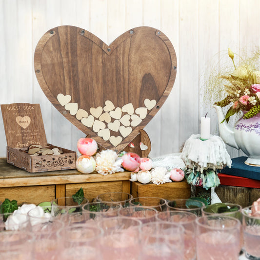 Wedding Guest Book Wooden 88 Pieces Heart-shaped Bracket Pastoral Wedding Storage Box Birthday Message Carving Carbonized Wood