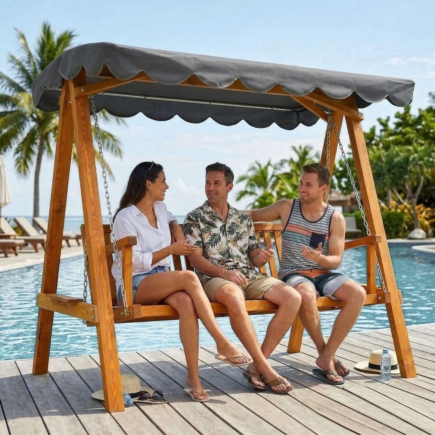 Outsunny 3 Seater Garden Swing Seat with Canopy, Wooden Swing Chair, Outdoor Hammock Bench for Balcony Patio Porch, Dark Grey