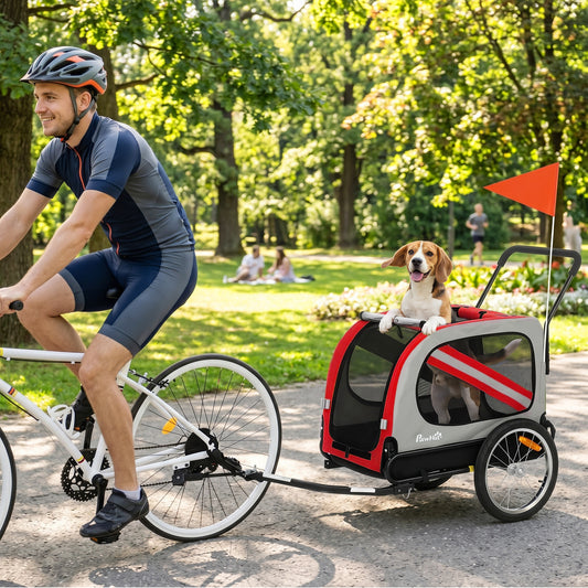 2-in-1 Dog Bike Trailer & Stroller | Mesh Windows | Plastic Curtain | Safety Harness, Flag & Reflectors | Foldable Quick-Release Wheels | Dogs up to 20kg | Red