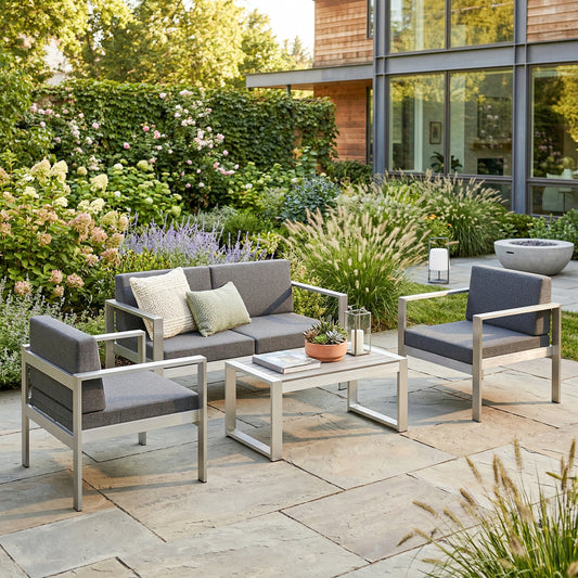 4 Piece Garden Sofa Set | Loveseat | 2 Armchairs | Coffee Table | 10cm Olefin Cushions | Brushed Aluminium | Wood Effect Table | 240kg | Dark Grey