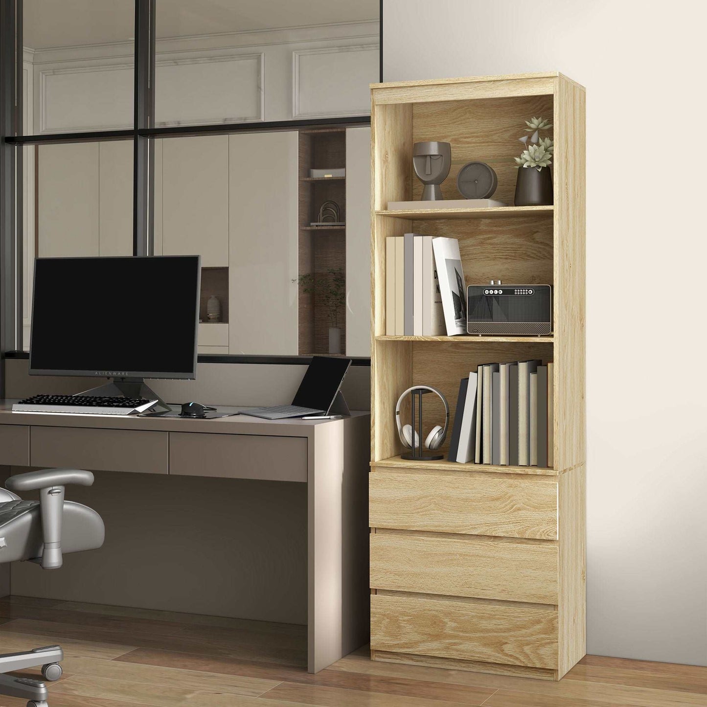 180cm Tall Bookcase with Storage, Free Standing Bookshelf with 3 Shelves and 3 Drawers, Display Cabinet for Living Room, Home Office, Bedroom, Oak