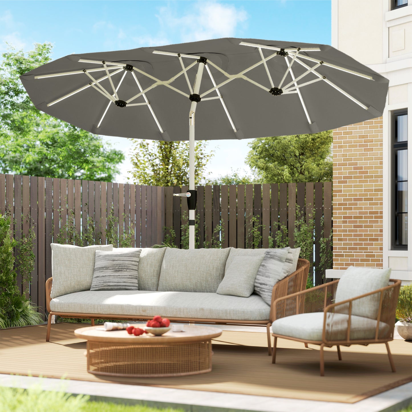 3m Double-Sided Garden Parasol | 12 Solar LED Strips | UPF30+ 180GSM Canopy | 12 Metal Ribs | Vented | Crank Handle | 295cm | Grey
