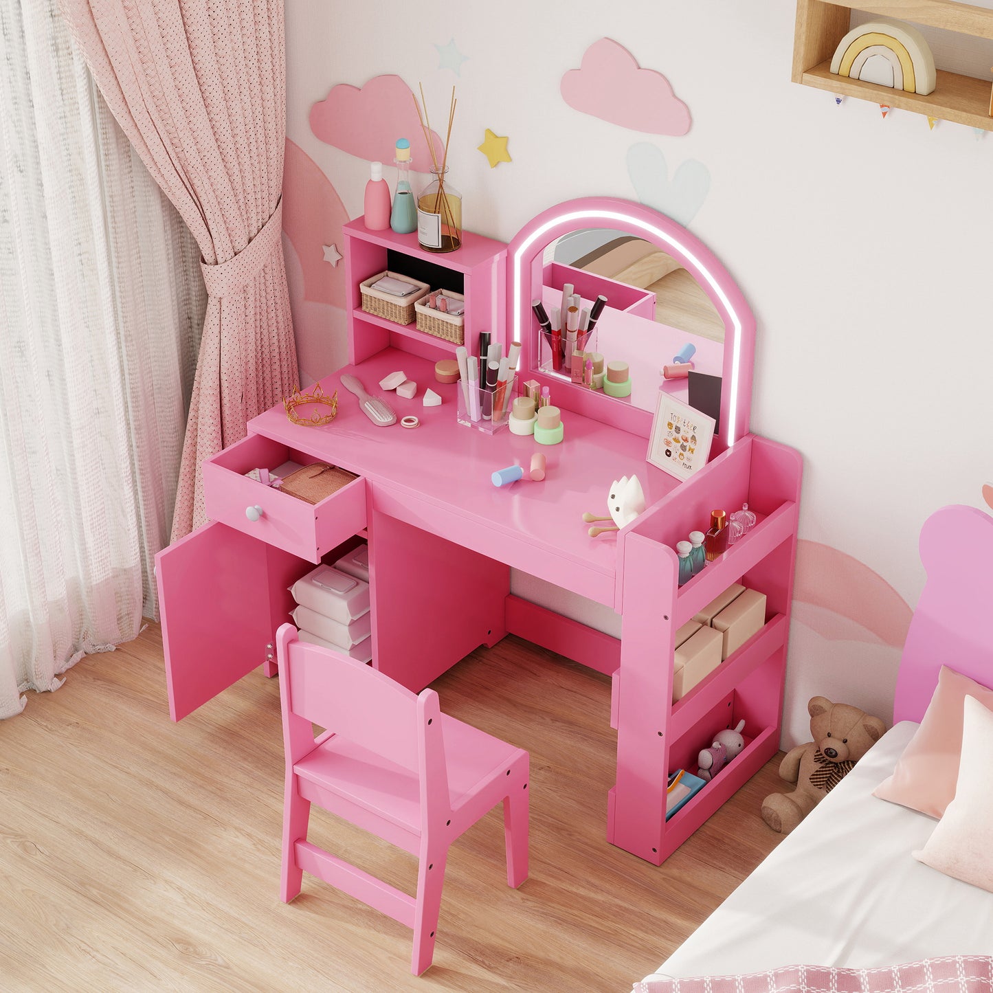 AIYAPLAY Kids Vanity Table and Chair Set, Girls Dressing Table with 2-Colour LED Mirror, Stool, Cabinet, Drawer, Shelves, Pink