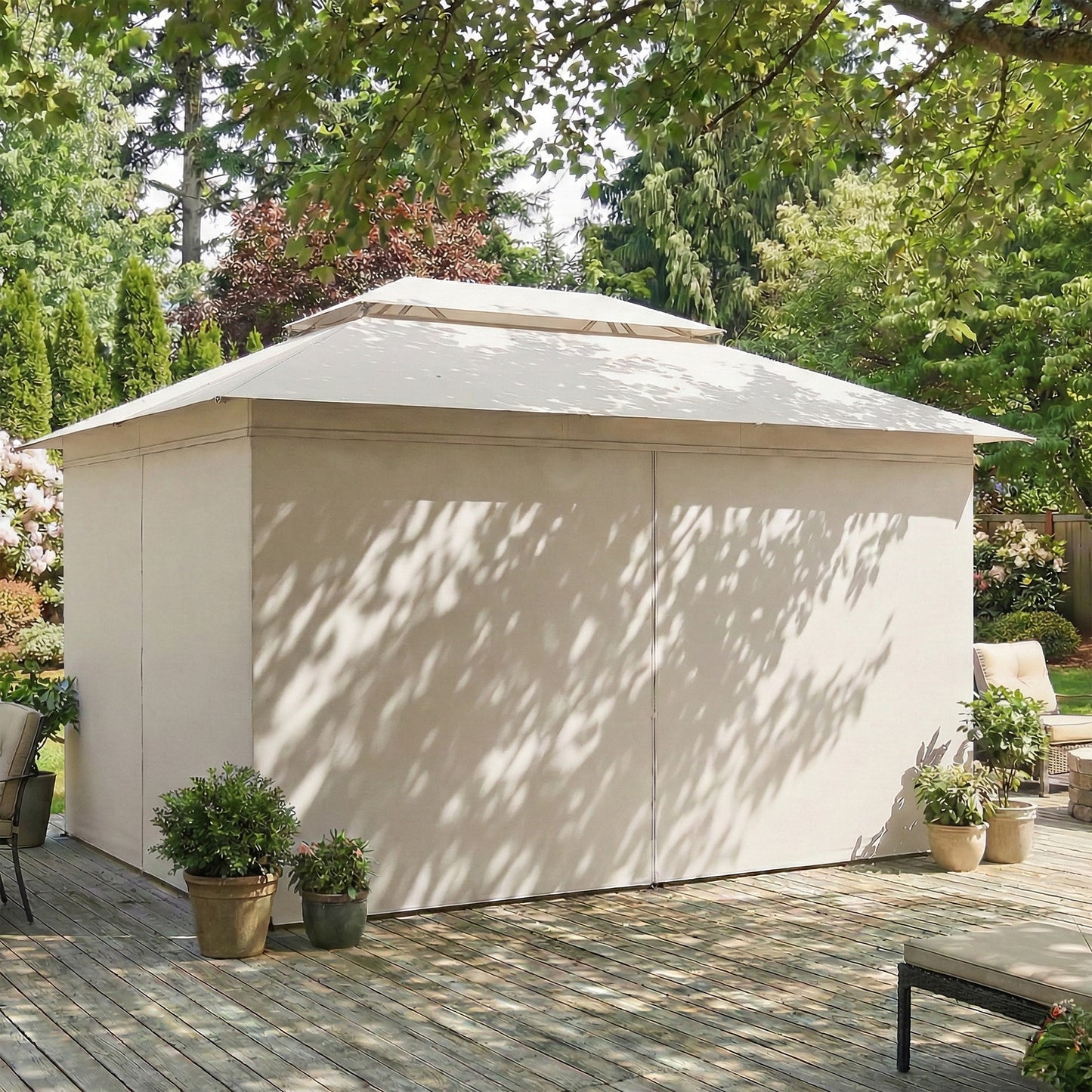 4x3m Permanent Garden Gazebo & Pavilion | UPF50+ | Privacy Curtains | Mesh Netting | Drainage | Metal Frame | Beige