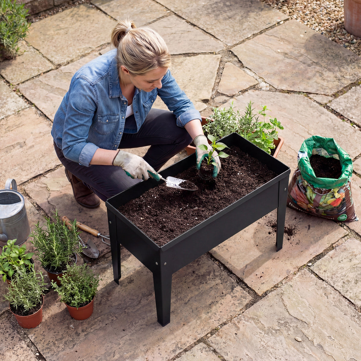 Raised Metal Planter on Legs | 20L Capacity | Drainage Hole | Polished Edges | Rubber Foot Covers | Balcony & Patio | 60x27x45cm | Black