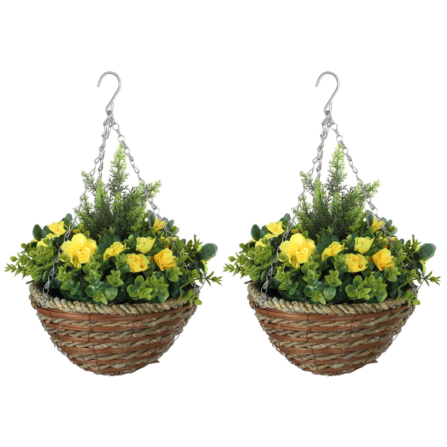 Pack of 2 Faux Plant Artificial Lisianthus Flowers Hanging Planter with Basket for Indoor Outdoor Decoration, Orange / Yellow