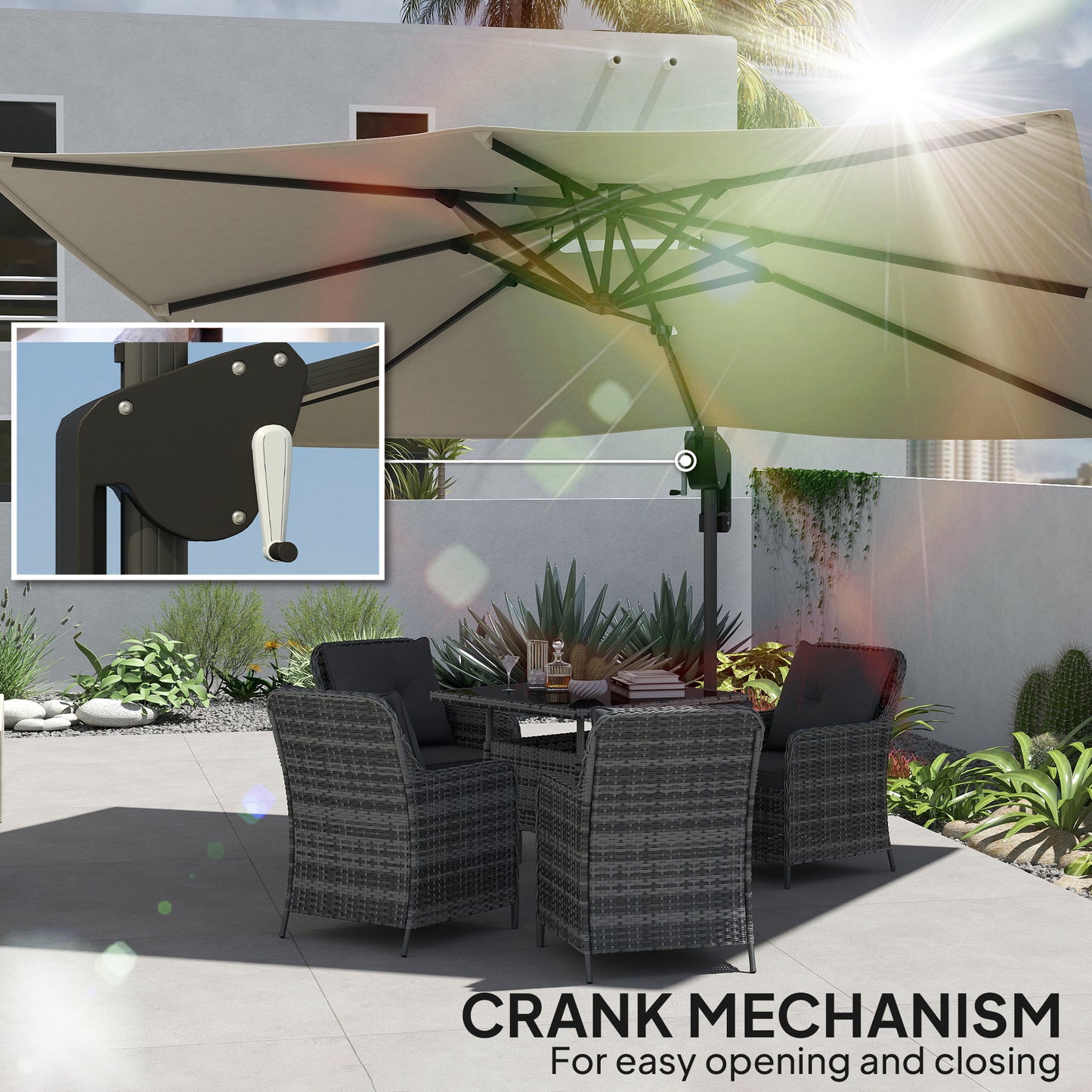 3.7 x 2.7 m Cantilever Parasol w/ 360° Rotation and Easy Tilt Adjustment, Aluminium Hanging Offset Outdoor Umbrella w/ Double Top and Cross Base, UPF50+ Hanging Sun Shade