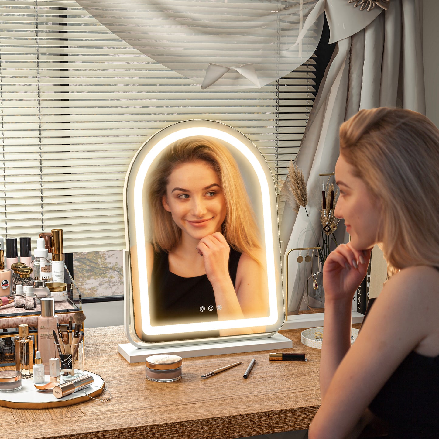 LED Vanity Mirror with Lights, 43 x 59cm Lighted Makeup Mirror with 3 Colour, 360° Rotation, Touch Screen, White