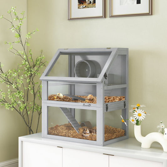 PawHut Wooden Hamster Cage with Detachable 32cm Deep Bottom, Hut, Seesaw, Exercise Wheel, Ramp, 60 x 40 x 75cm, Light Grey