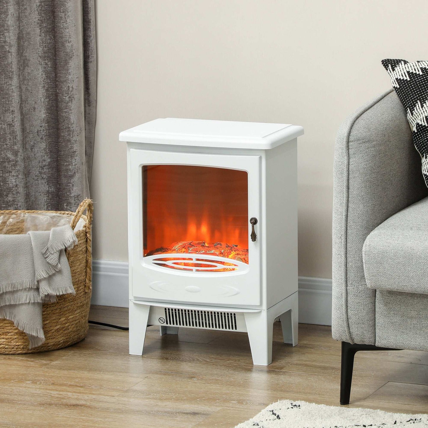 Tempered Glass Casing Electric Fireplace, Freestanding Fire with Realistic Flame Effect Log Burner with Overheat Protection, 950w/ 1850W, White