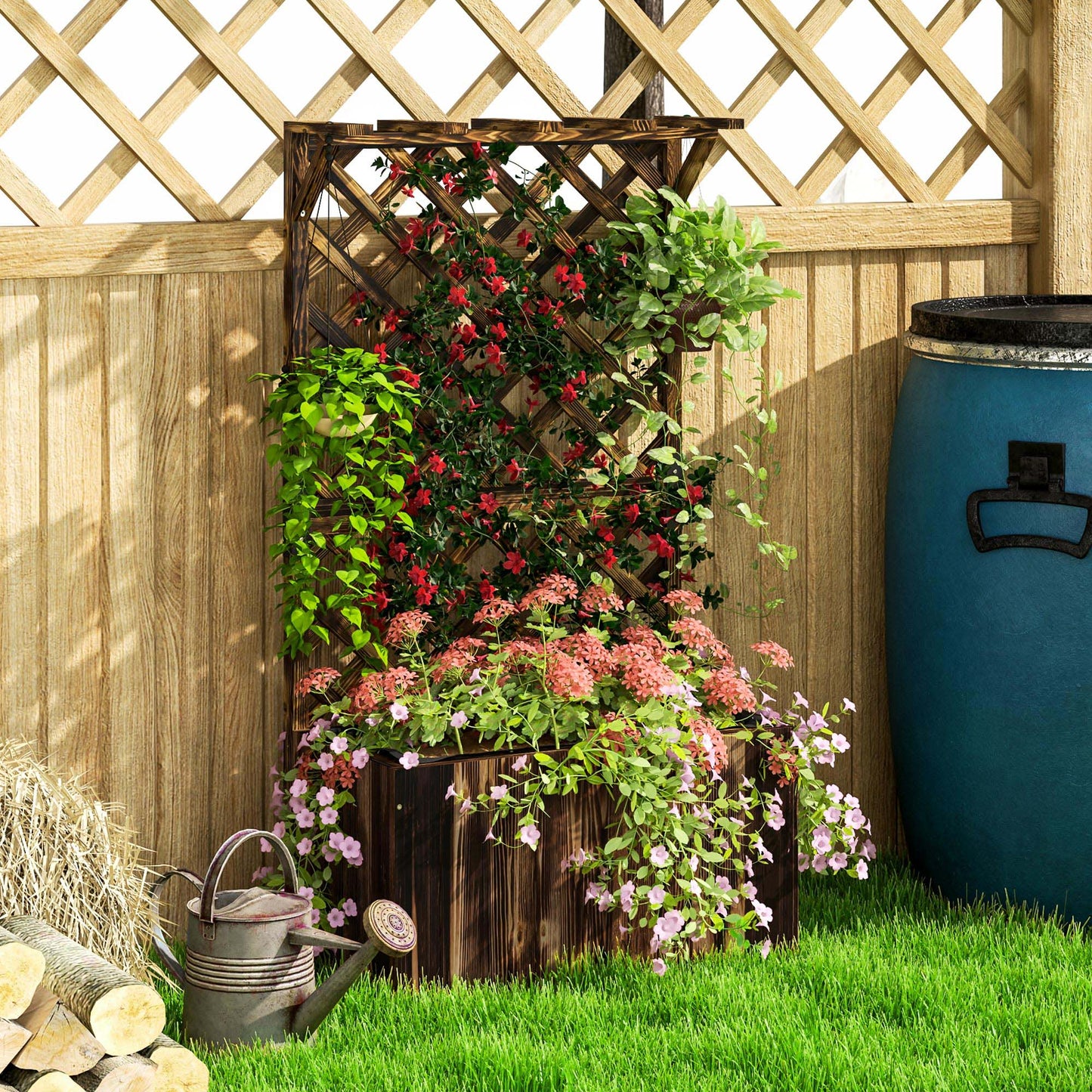 Wooden Planter with Trellis, Freestanding Raised Garden Bed with Drainage Holes, Outdoor Planter Box with Liner for Vegetables, Herbs and Flowers,