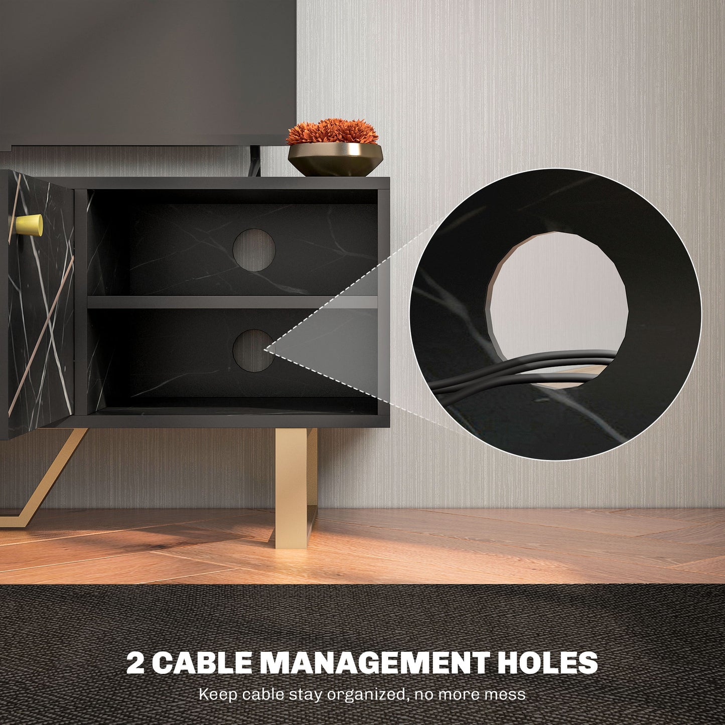TV Stand Cabinet for TVs up to 50 Inches, TV Unit with Storage Shelves and Cupboard for Living Room, Black Marble Tone