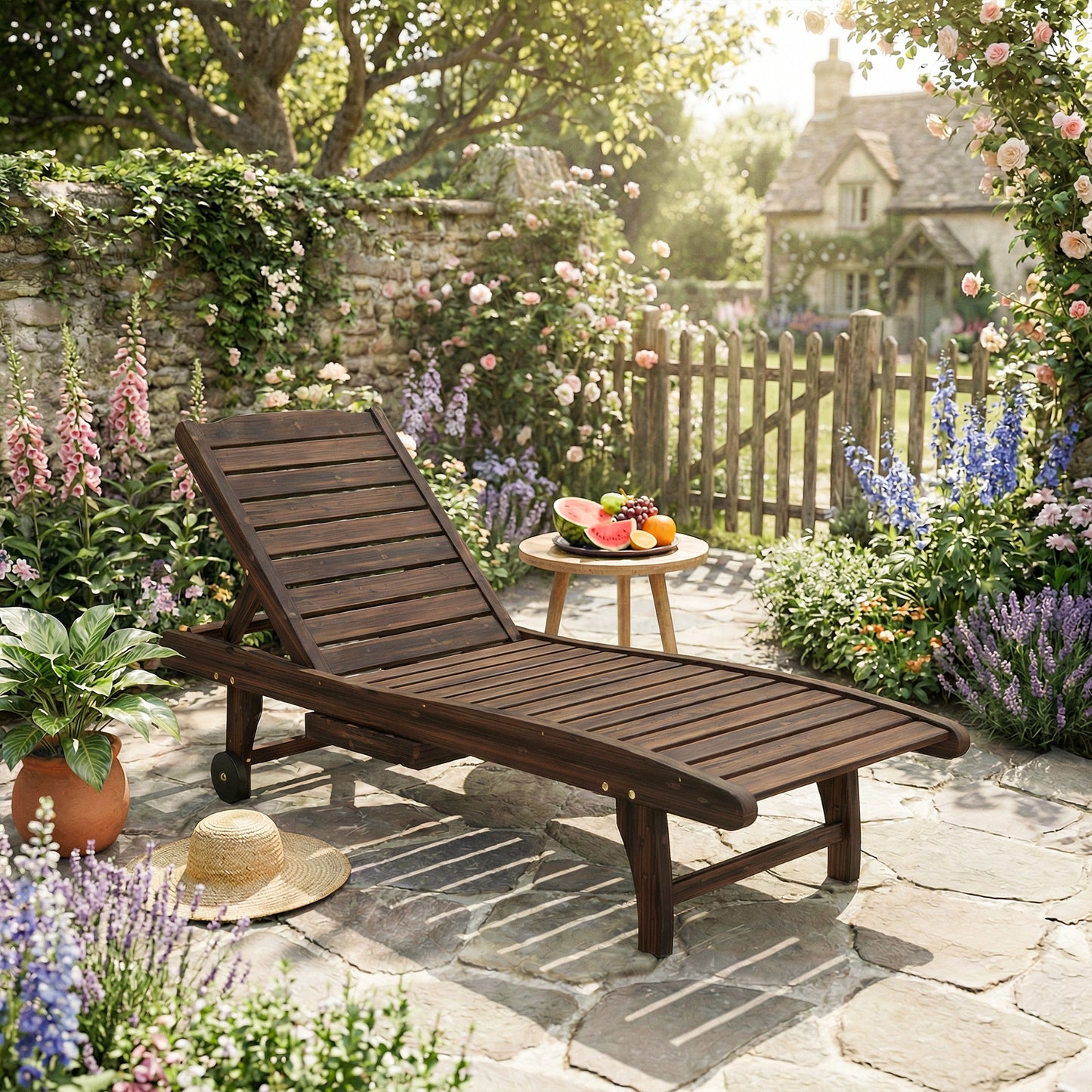Wooden Sun Lounger | Pull-Out Side Tray | 3-Position Adjustable Backrest | Slatted Fir Wood | Wheels | 182x60cm | 113kg | Carbonised Finish
