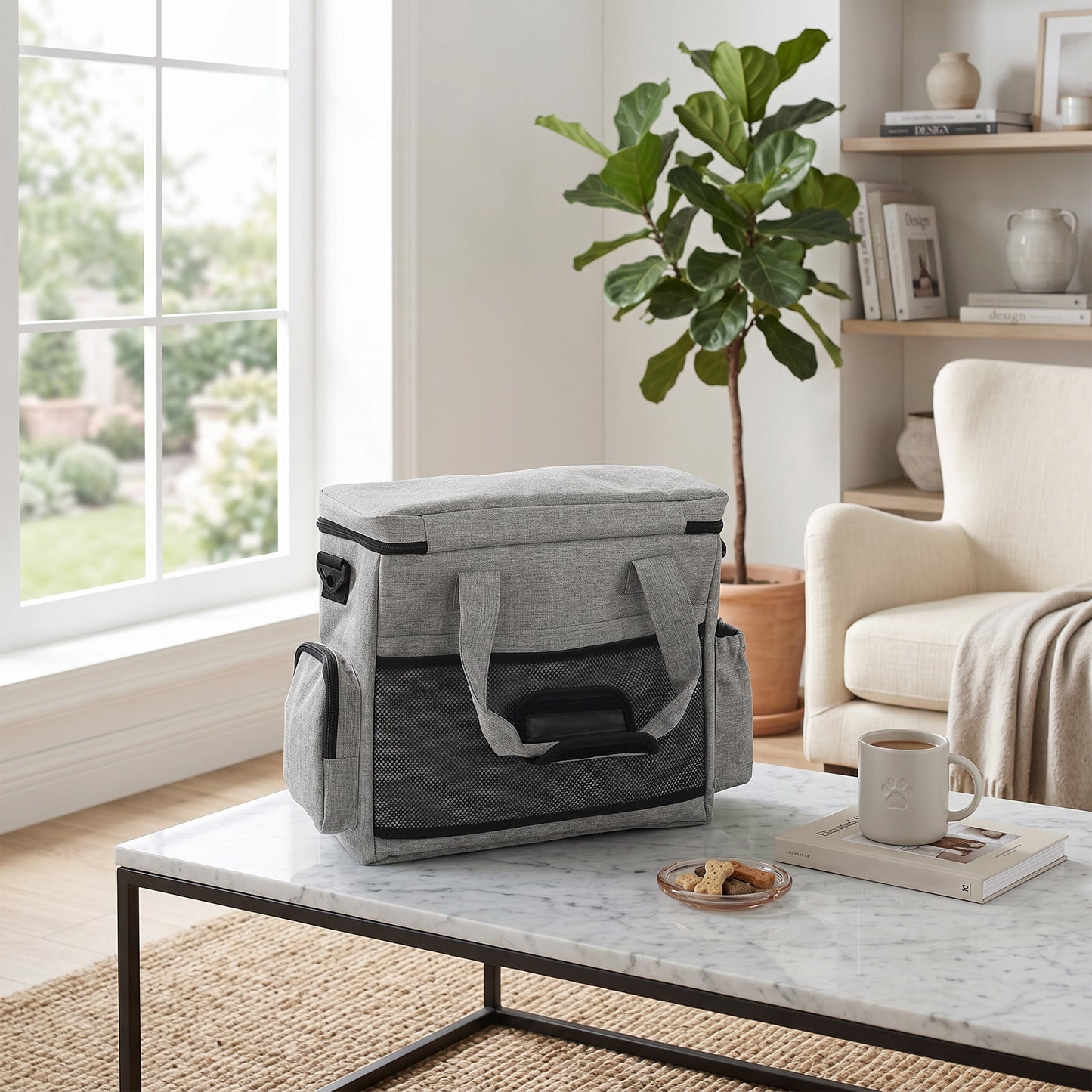 Pet Travel Bag | 2 Insulated Food Containers | Collapsible Bowl | Multiple Pockets | Waterproof 300D Fabric | Adjustable Shoulder Strap | Dogs & Cats | 38 x 17 x 35cm | Light Grey