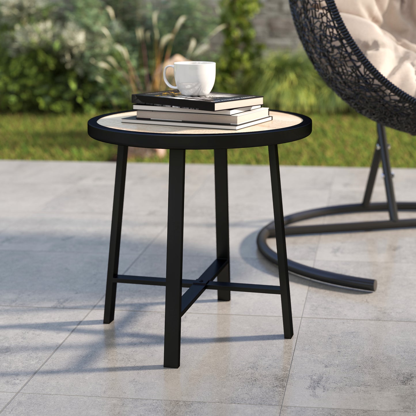Round Garden Bistro Side Table | Dia 50.5x46cm | Waterproof SPC Top | Wood Grain Effect | Powder Coated Metal Frame | Anti-Slip Feet | 30kg | Natural Wood Finish
