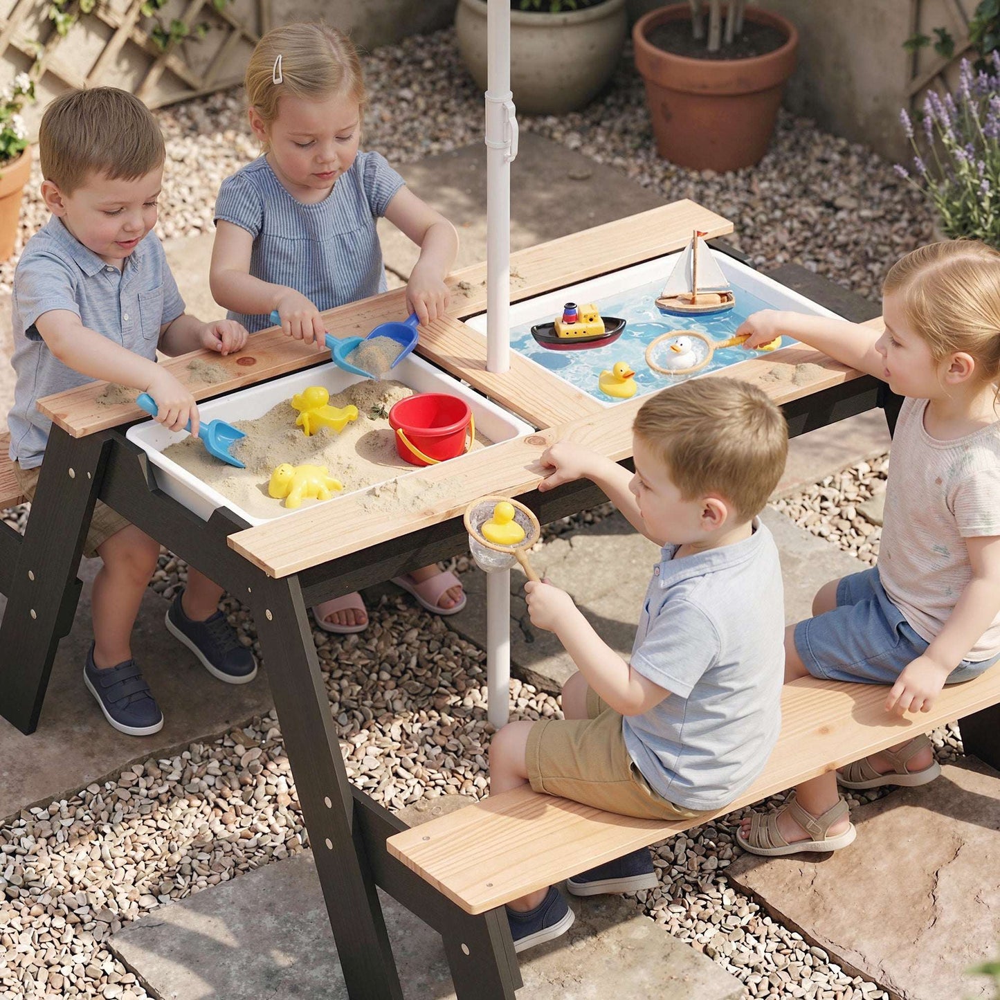 3-in-1 Kids Garden Table & Chair Set | Sand & Water Table | 2 Hidden Storage Boxes | Blue Striped Parasol | Fir Wood | Reinforced Metal Frame | Ages 3-6 | 113x95x160cm | Natural Wood
