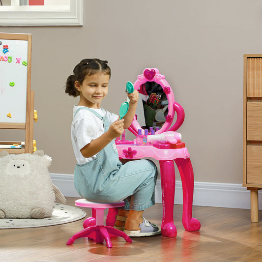 AIYAPLAY Kids Dressing Table with Mirror and Stool, Light, Music, 15 Accessories, for 3-6 Years Old, Pink