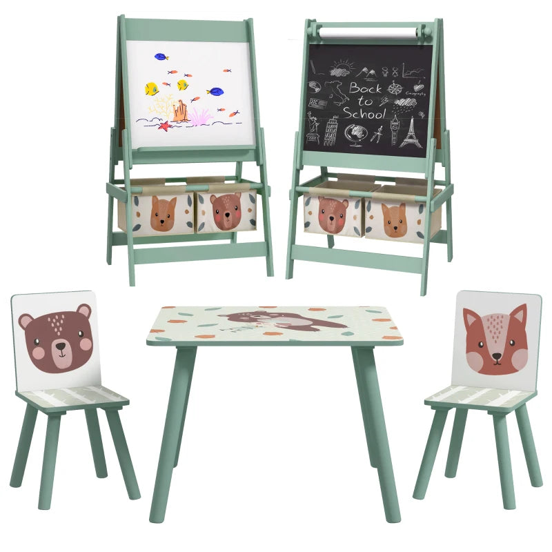 Kids Table and Chair Set And Kids Easel With Paper Roll, Storage Baskets, Kids Activity Furniture Set
