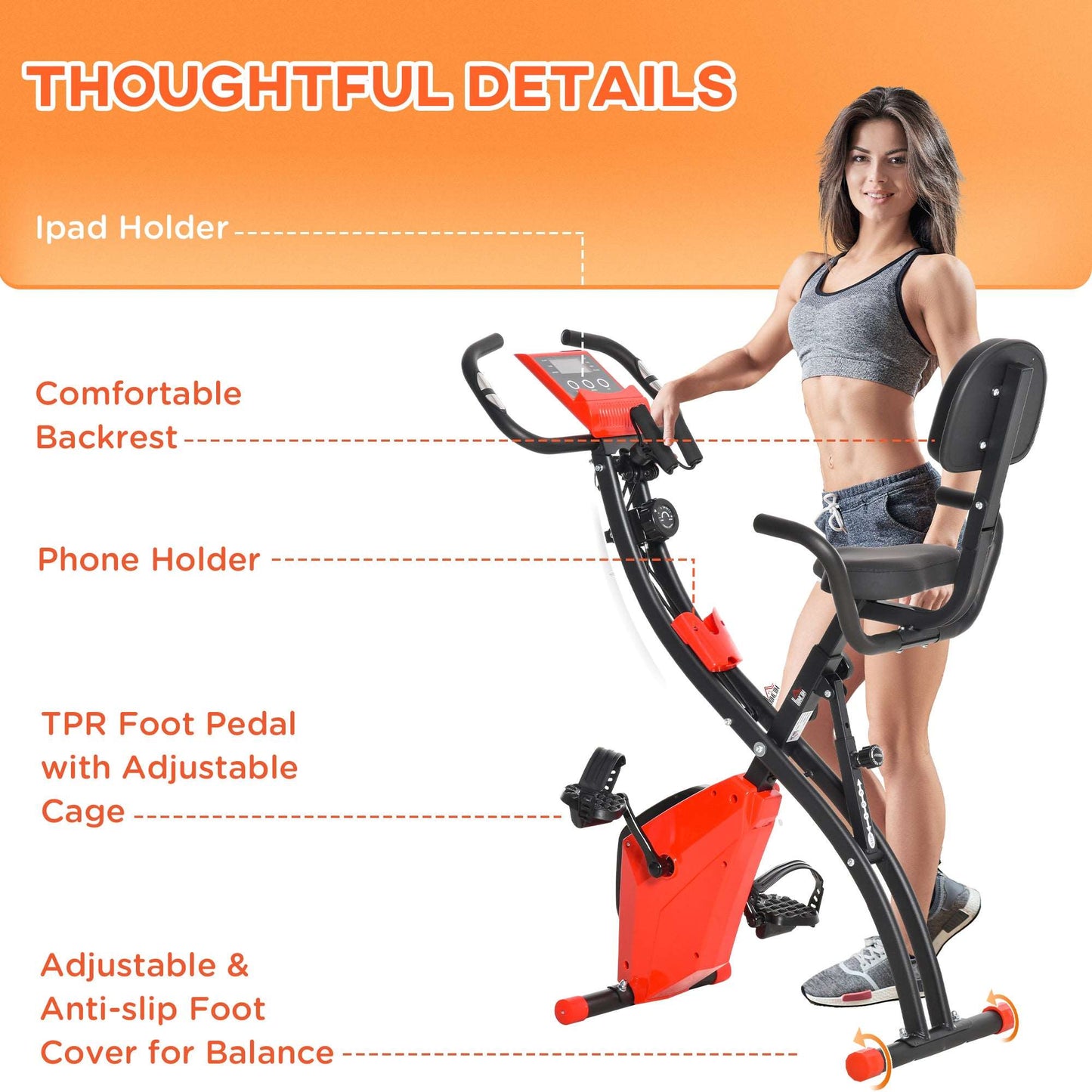 2-In-1 Upright Exercise Recumbent Bike Adjustable Resistance Stationary Fitness Home Gym Foldable w/ Armrests LCD Monitor Cycling Wheels Red