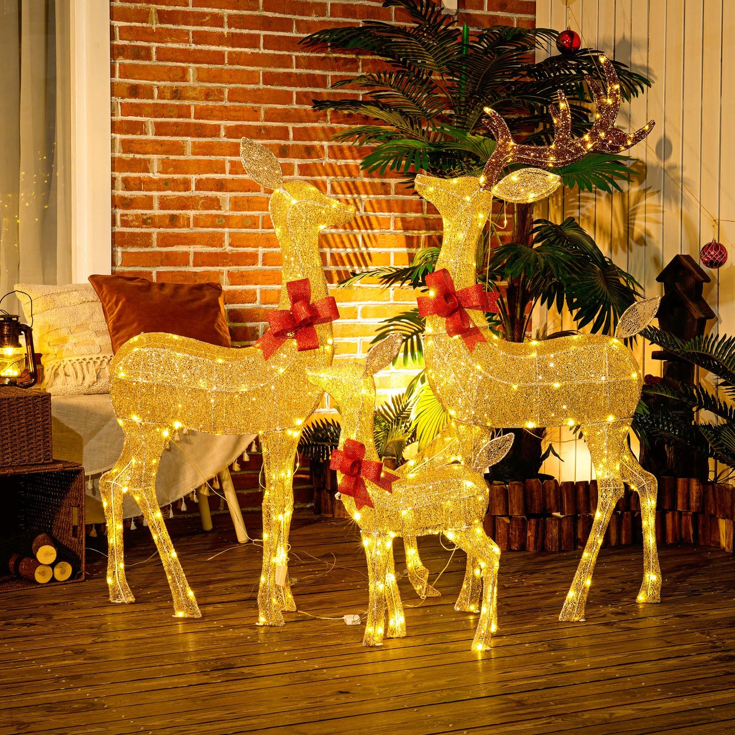 Lighted Reindeer Christmas Decorations Outdoor, 3-Piece Light Up Deer Family Set of 3 with 283 LED Lights for Indoor, Lawn, Garden, Gold Tone