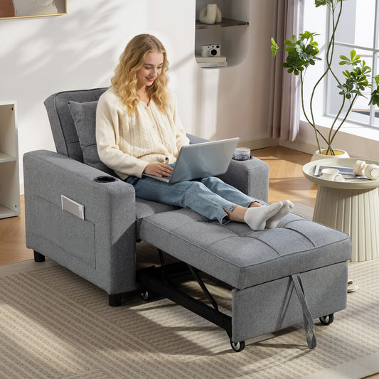 3-in-1 Single Sofa Bed | Armchair | Recliner | Sleeper | 95x190cm | 12cm Mattress | Cup Holders & Side Pockets | Pillow | 120kg | Dark Grey
