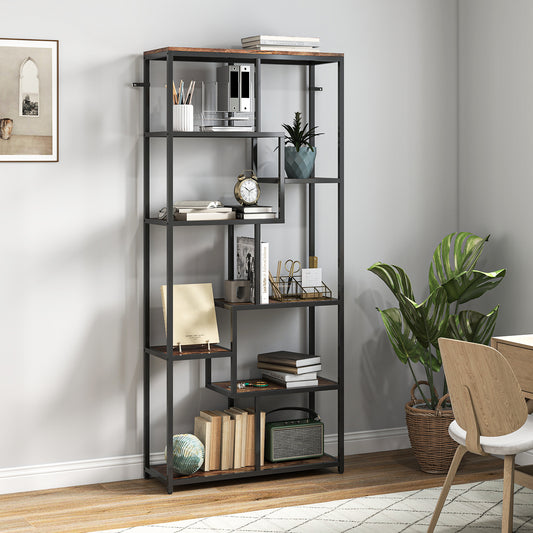 Seven-Tier Geometric Bookcase - Brown/Black