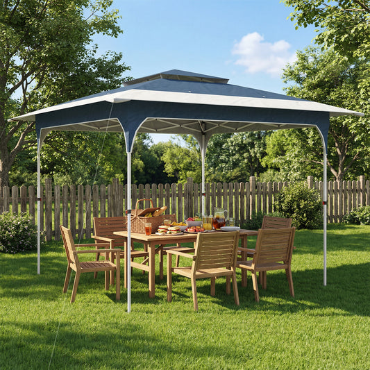3.5x3.5m Pop Up Gazebo | One-Push Central Lock | Double-Tier UPF50+ 210D Oxford Fabric | 8 Rainwater Holes | 3 Height Settings | Windproof Level 4-6 | Snow Rated | Ropes & Stakes | Carry Bag | Blue & White