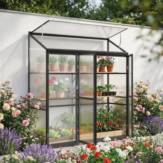 Lean-To Polycarbonate Greenhouse | 3-Section Hinged Door & Top Vent | Quick-Fit Retractable Buckle Assembly | Powder-Coated Aluminium Frame | UPF50+ PC Panels | 4 Ground Stakes | Level 4 Wind Resistance | 175x50x180cm | Black
