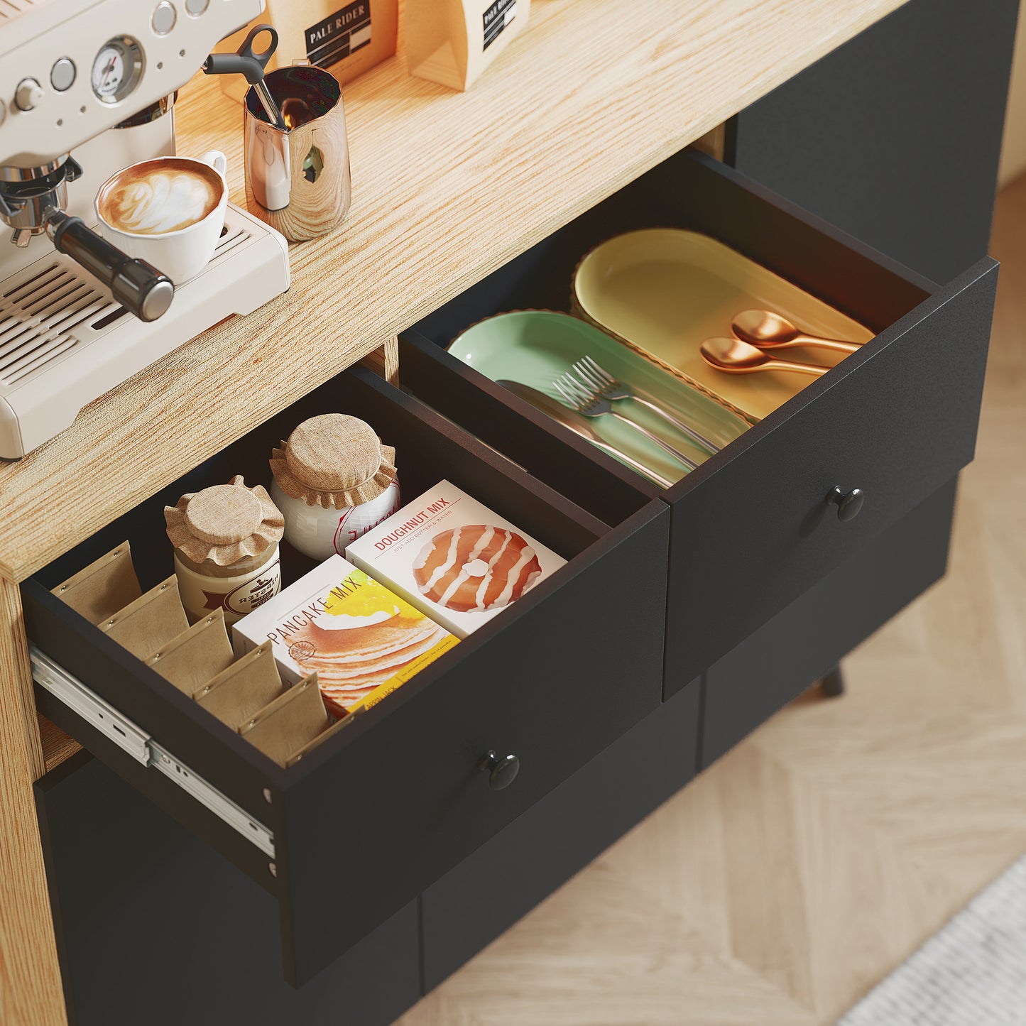 176 cm Kitchen Cupboard with LED Lights - Oak and Black
