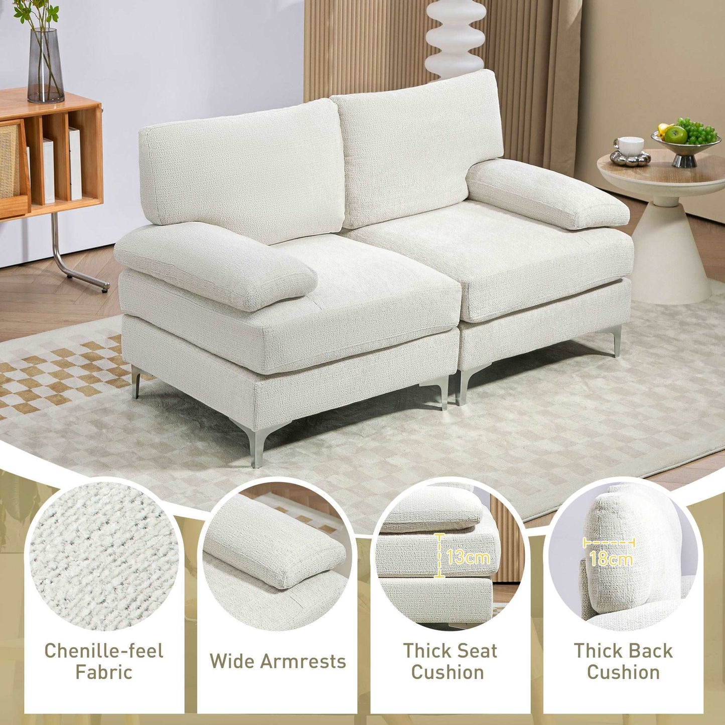 2 Seater Sofa, Modern Fabric Loveseat with Spring Cushion and Metal Legs, Small Couch for Living Room, Bedroom, Home Office, Reception, Cream White