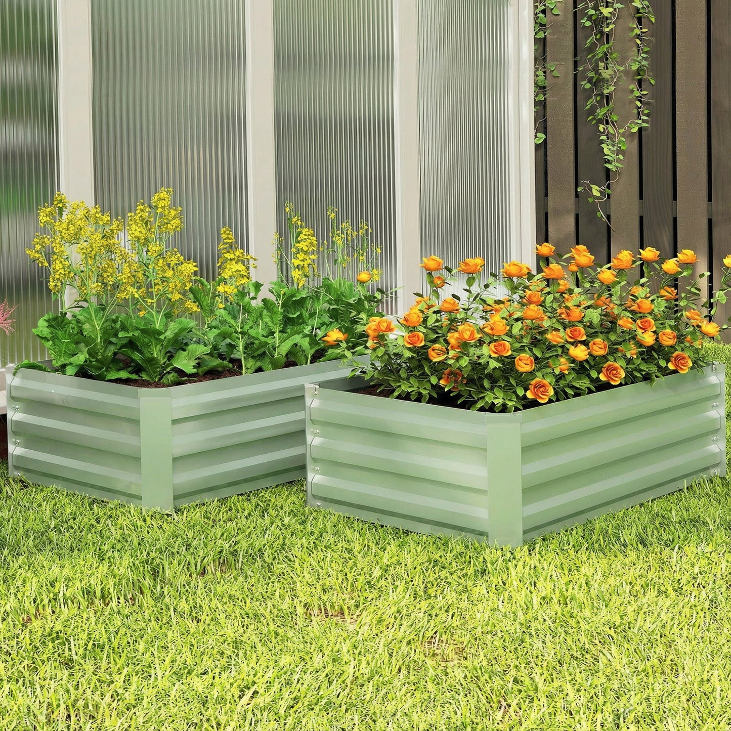 Set of 2 Galvanised Steel Raised Garden Beds | Open Bottom | Direct Soil Contact | No Waterlogging | Easy Assembly | Use Together or Alone | 100x60x30cm | Light Green