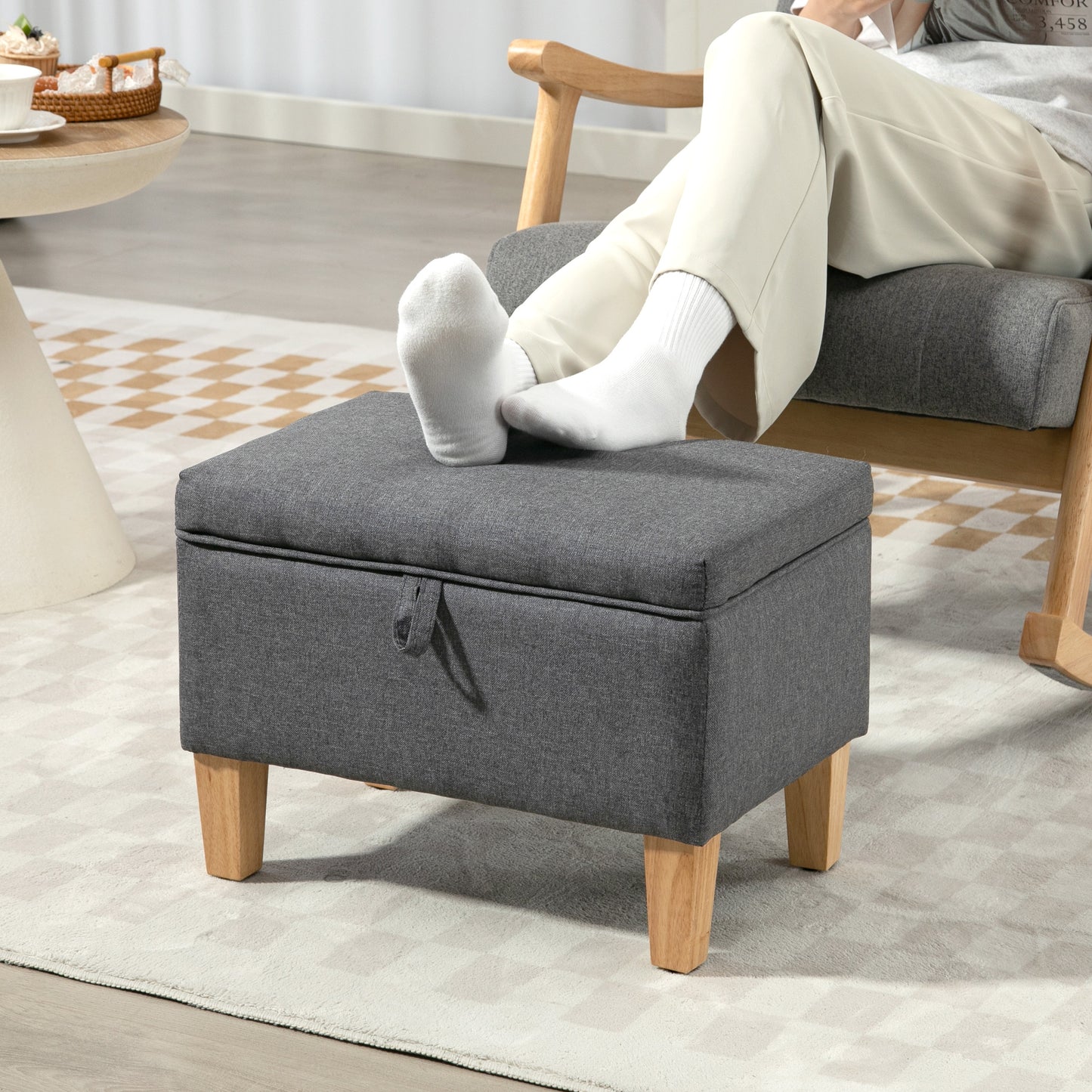 Storage Ottoman & Padded Footstool | 16L Storage | Linen-Look | Rubberwood Legs | 100° Lid Opening | 120kg | 49x33x36cm | Charcoal Grey