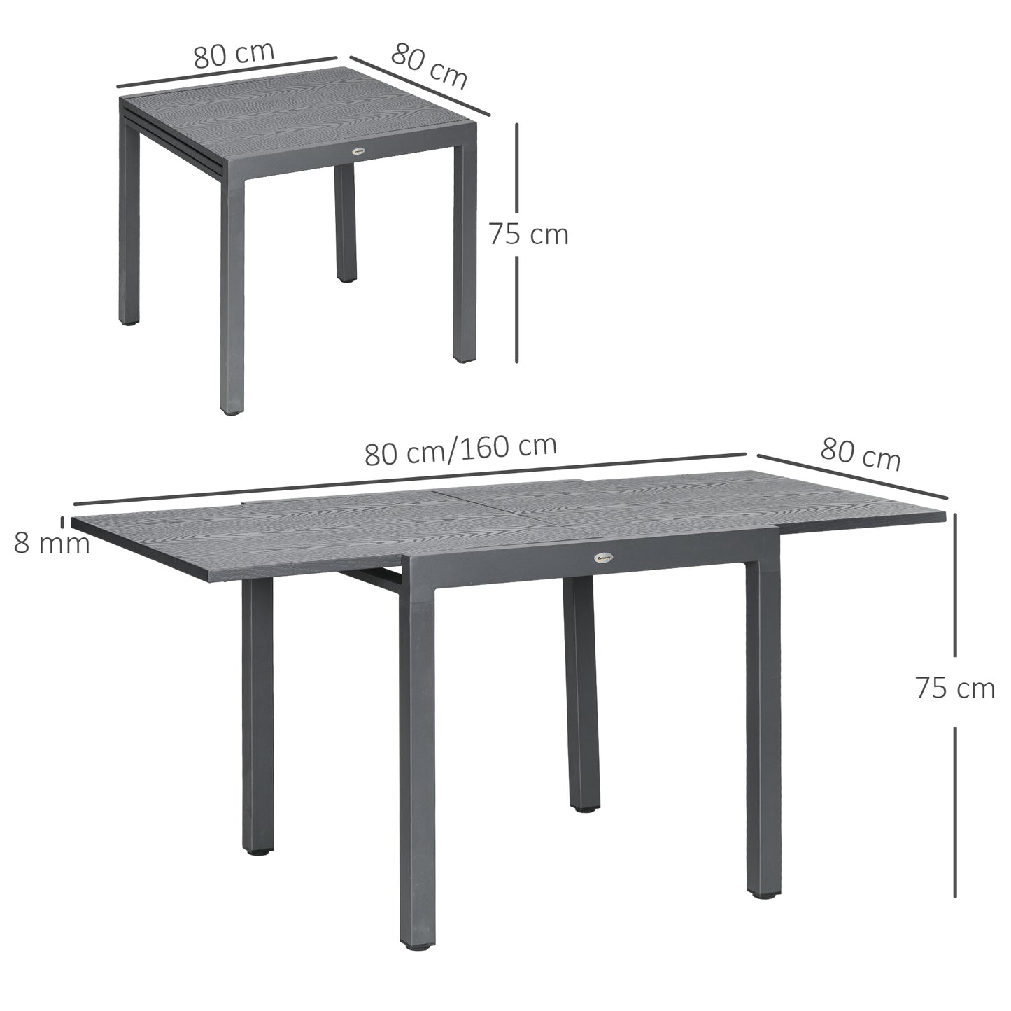 Outsunny Extendable Garden Table for 6 with Aluminium Frame, Steel Tabletop, Dark Grey
