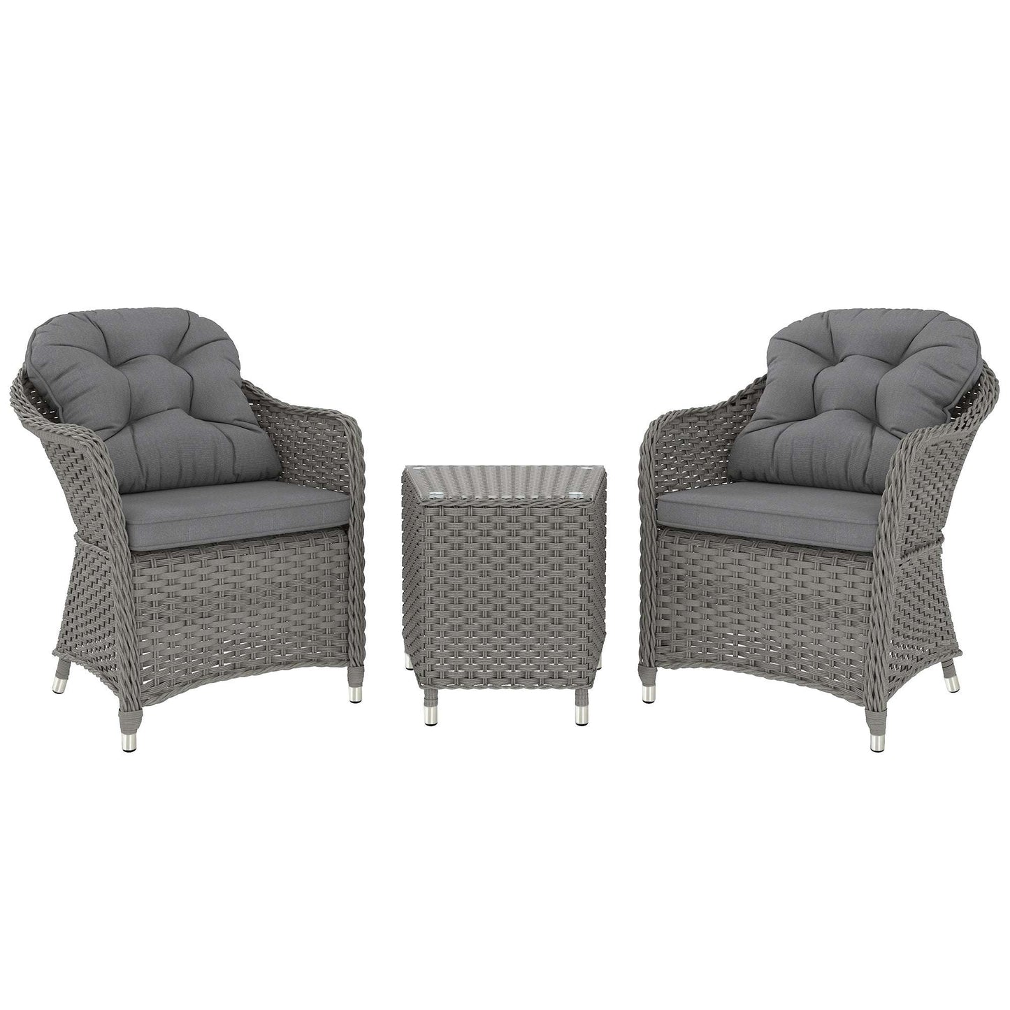 Outsunny 3 Pieces Rattan Bistro Set , Glass Top Balcony Table and Chairs with Cushions for Outdoor, Patio, Balcony, Light Grey