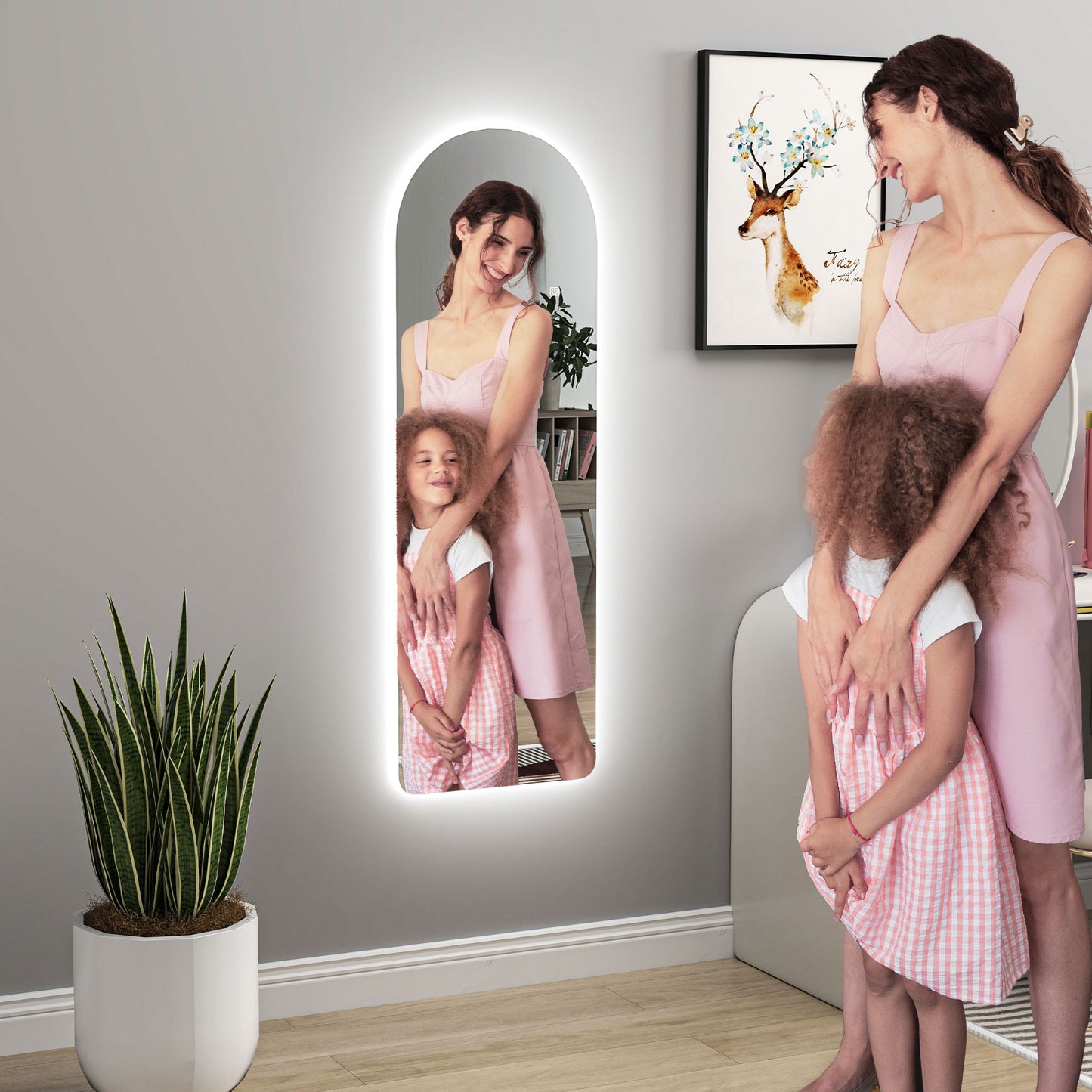 Arched Full Length Mirror with LED Lights, 120 x 40cm Backlit Frameless Wall Mirror with Dimming and 3 Colour Lighting for Living Room, Bedroom