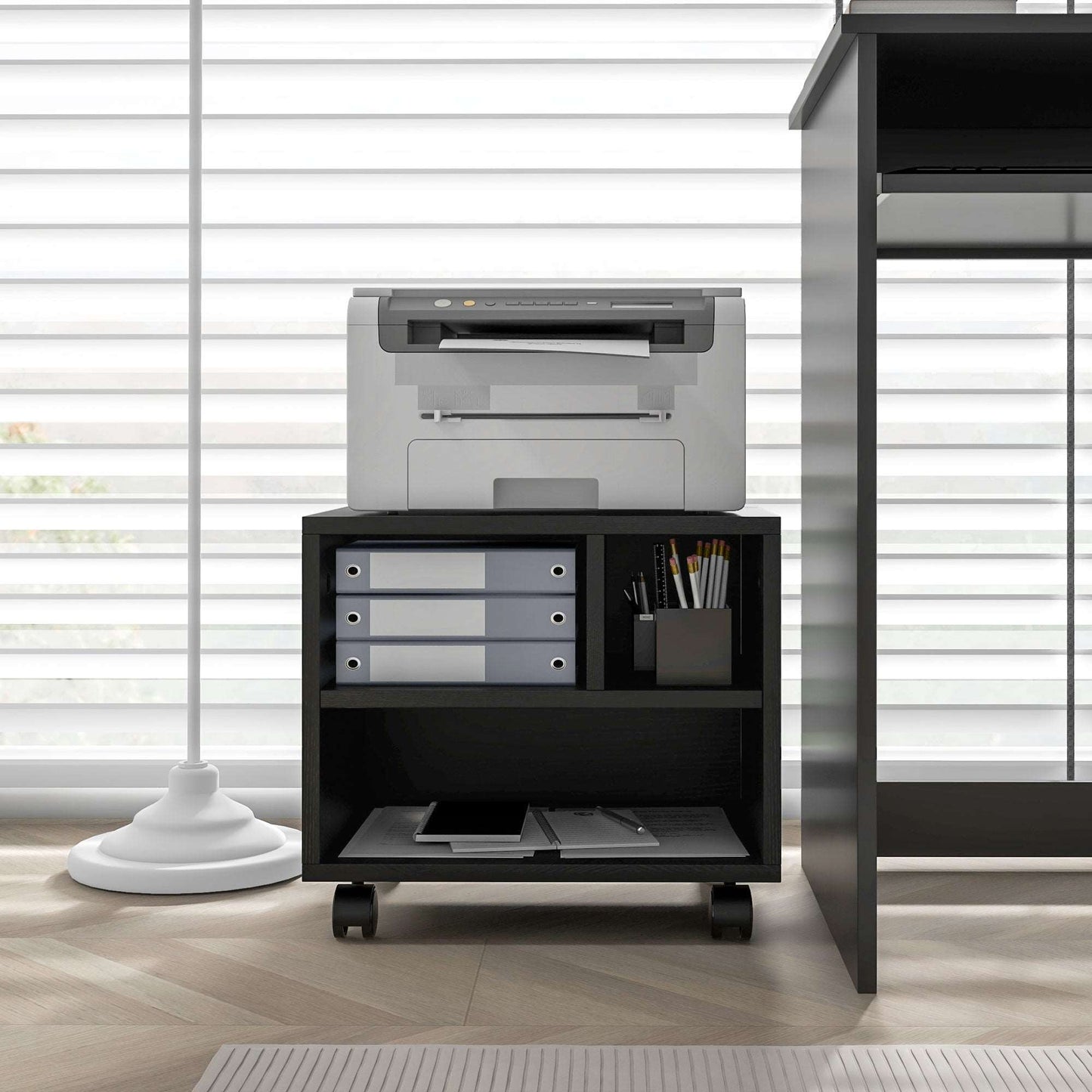 2-Tier Printer Stand with Storage, Under Desk Printer Cart on Wheels with 3 Compartments, Desktop Printer Table for Home Office, Black